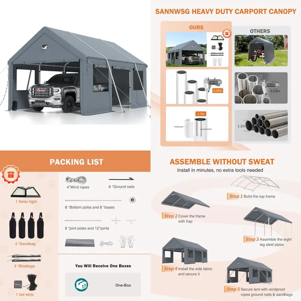 

Сверхмощный портативный гараж-карспорт, уличное автомобильное укрытие 10x16 с боковыми дверями, всепогодный серый навес для карспорта