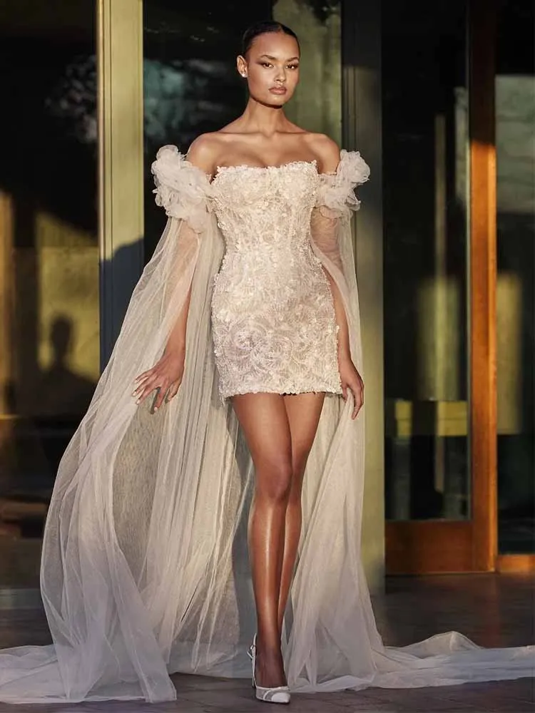 

Glitz and Glam Wedding Dresses Women Tulle Sheath/Column Wedding Party Dresses Ivory Off-the-shoulder Lace Cloak Wedding Dresses