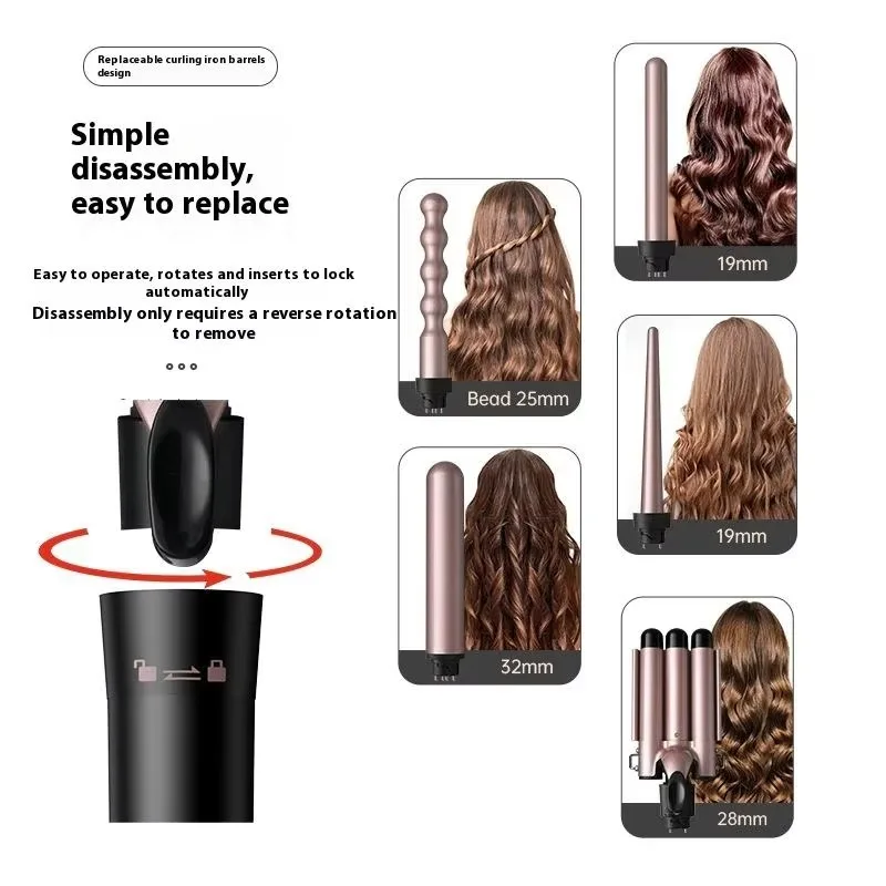 Custom Ceramic‑Coated 5‑in‑1 Interchangeable Curling Wand Set, LED Display Hot Air Brush Hair Styling Tool Kit