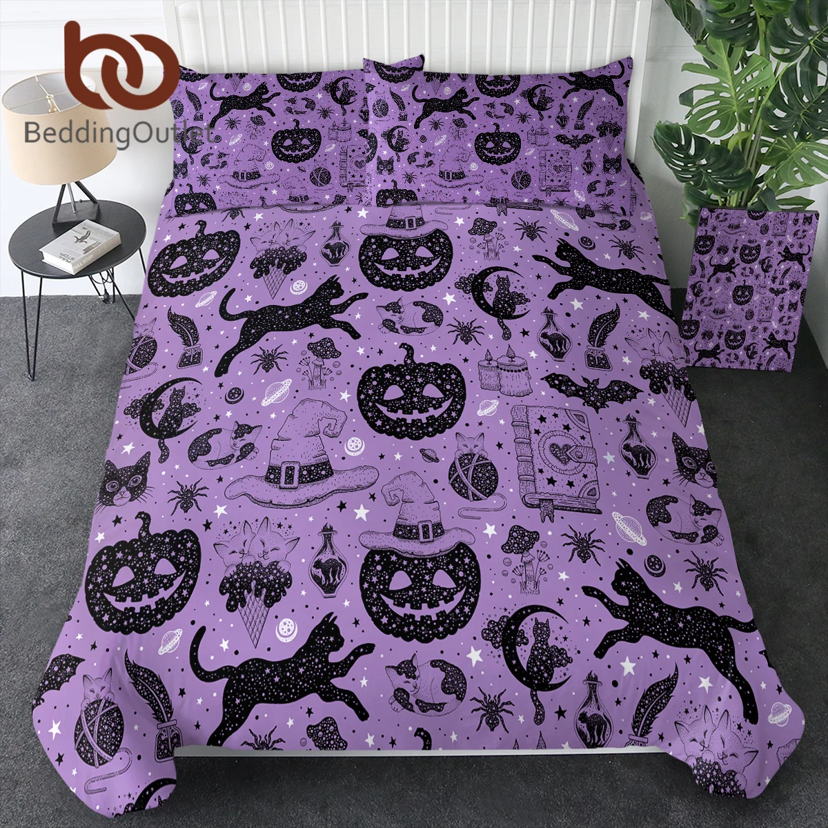 BeddingOutlet Halloweens Pumpkin Witch Hat Ghost Duvet Cover Cute Cat Mushroom Spider Bedding Set Decor Polyester Hallowmas Gift