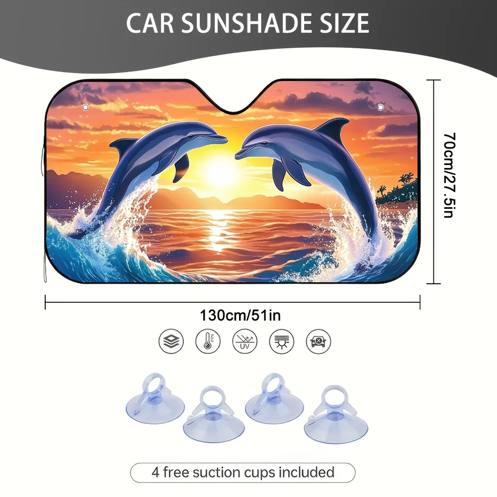 1pc Dolphins At Sunset Waves Car Sun Visor - 2D Flat Printing, Reduces Exposure, Ideal For Busy Hours & Multiple Stops, Fit For