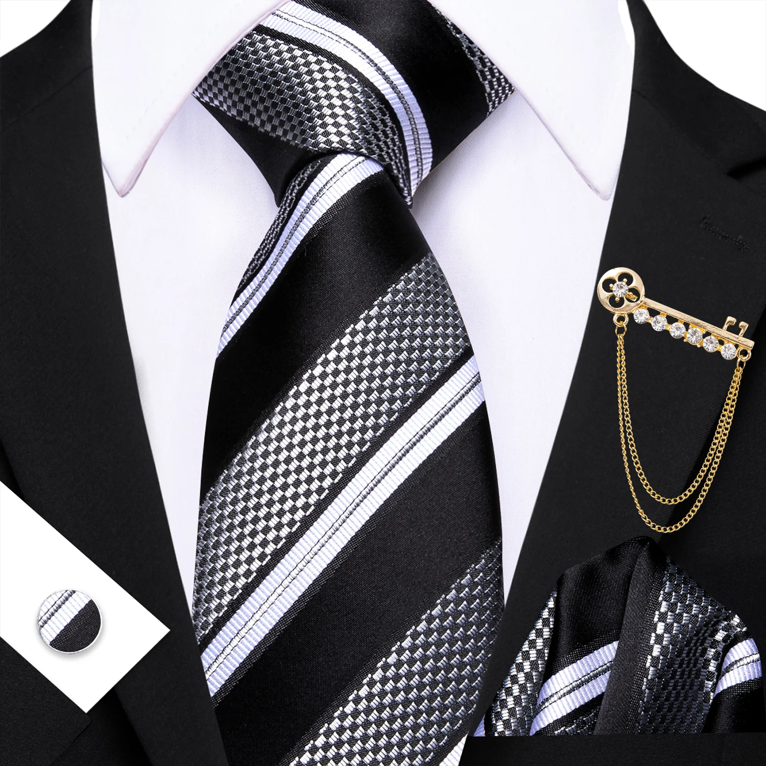 

Grey Black Blue Brown Men's Ties Woven Necktie Pocket Square & Cufflinks Brooch Set For Wedding Business Party School Boy