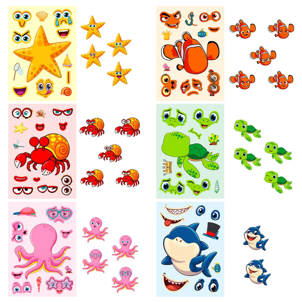 6Pcs Marine Creature Mix & Match Face Puzzle Stickers, Cute Cartoon Starfish Shark Decals for DIY Collage Anime Worlds Store