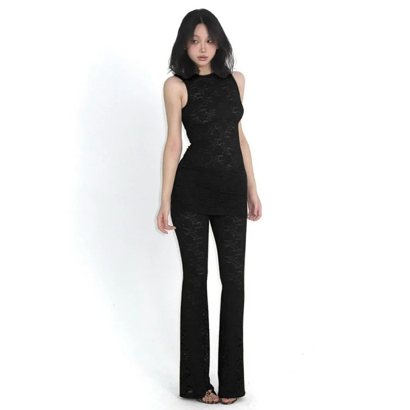 New Arrival Hot Sale Lace Two-Piece Set Sexy Hot Girl round Neck Sleeveless Top Slim Trousers Suit