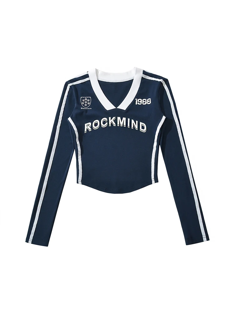 レトロアメリカン V ネック T シャツ レディース 長袖 スリムフィット ショートデザイン 甘くてスパイシーなトップス ユニークなスタイル プリント ファッション