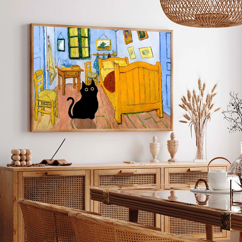 1pc frameless Canvas Painting Funny Black Cat Flower Garden Flower Field Poster Print Canvas Painting Cute Animal Van Gogh Wall