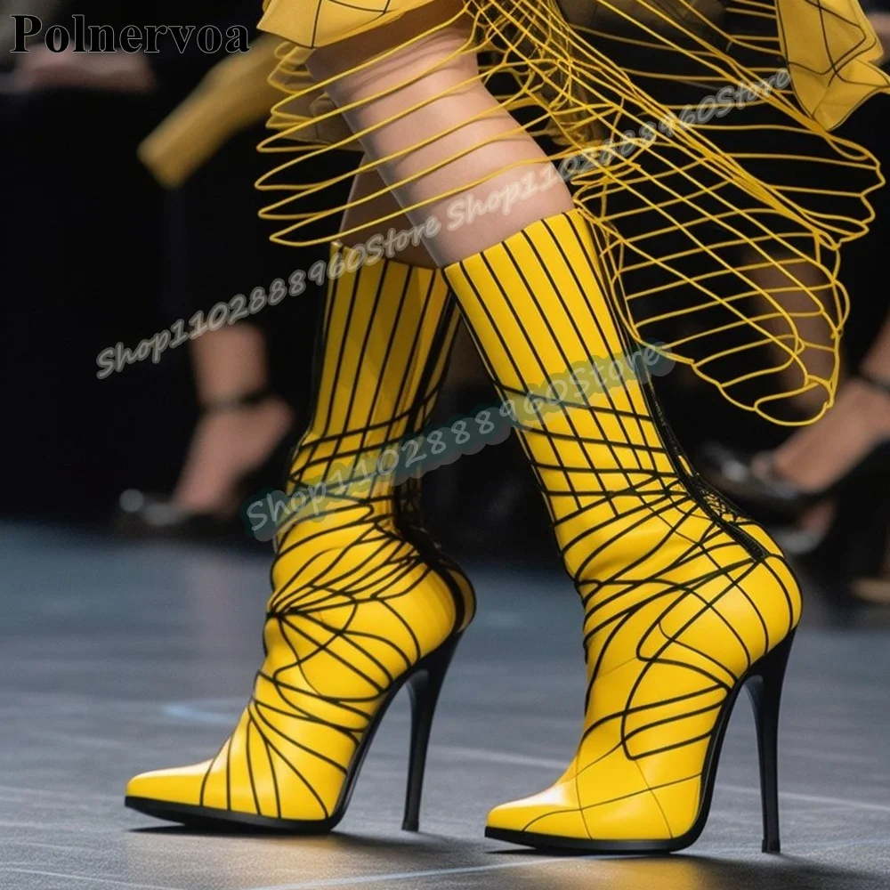 

Runway Mid Calf Yellow Cross Line Pointy Boots Thin High Heel Shoes For Women Pointed Toe Catwalk Fashionable Zapatos Para Mujer