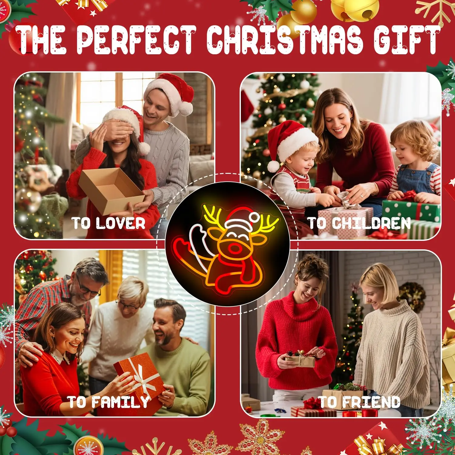 يلوحون الأيائل النيون مع قبعة عيد الميلاد لديكور الحائط وميض تصميم عكس الضوء الرسوم المتحركة الرنة تضيء تسجيل لنافذة المنزل P