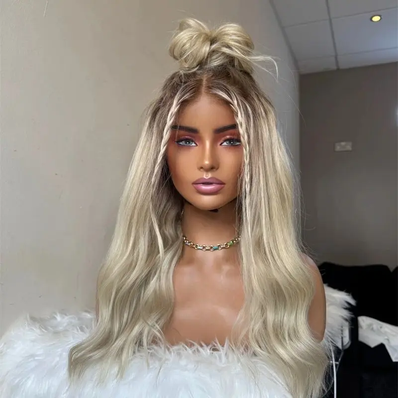 탑 글루리스 가발 13x4 옴브레 플래티넘 브라운 하이라이트 합성 레이스 프론트 가발 (자연스러운 밀도, 내열성 섬유, 26인치)