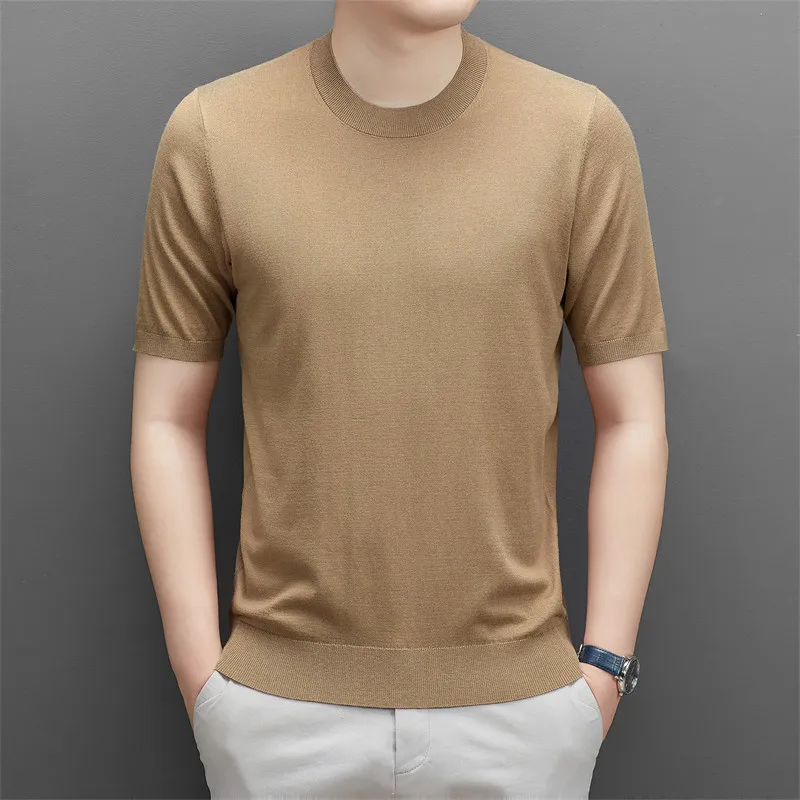 Men's Silk Wool Knit Tees Spring & Autumn Slim Short Sleeve Jumper Male Mock Neck Sheep Wool Knitwear Clothes Tops