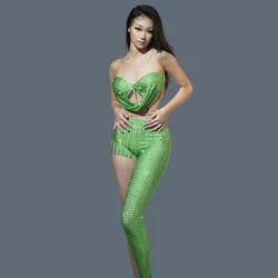 Sexy Sparkly Green Rhinestone 2-Piece Set Club Short Jumpsuit Luxurious Women Stretch Carnival Party Dance Troupe Bodysuit Qigai