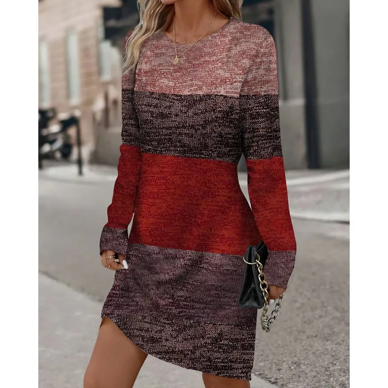 Spring Autumn O Neck Long Sleeve Casual Dress For Women Fashion Print Office Lady Knee Length Dresses 2025 New Women's Clothing