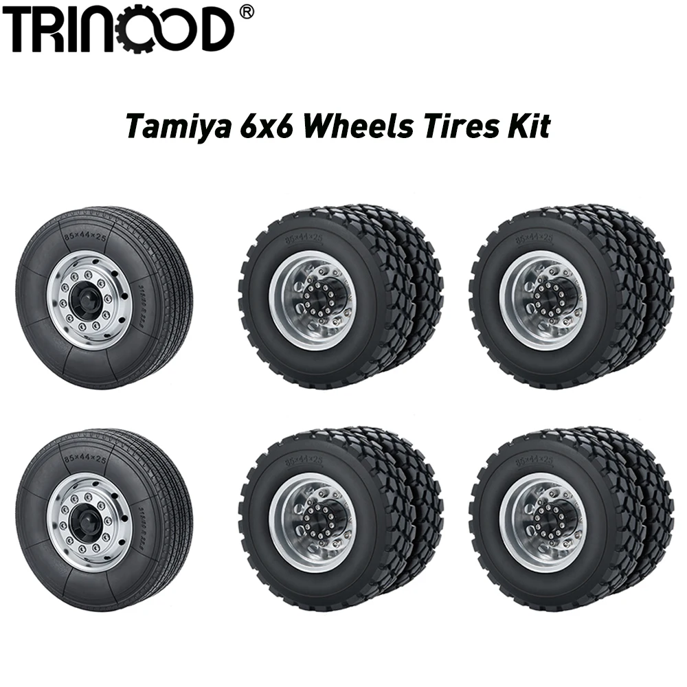 TRINOOD Tamiya 6x6 Wheels Tires Set Metal Front & Rear Wheel Hub Rubber Tyre for 1/14th RC Truck Tractor Car Upgrade Accessories