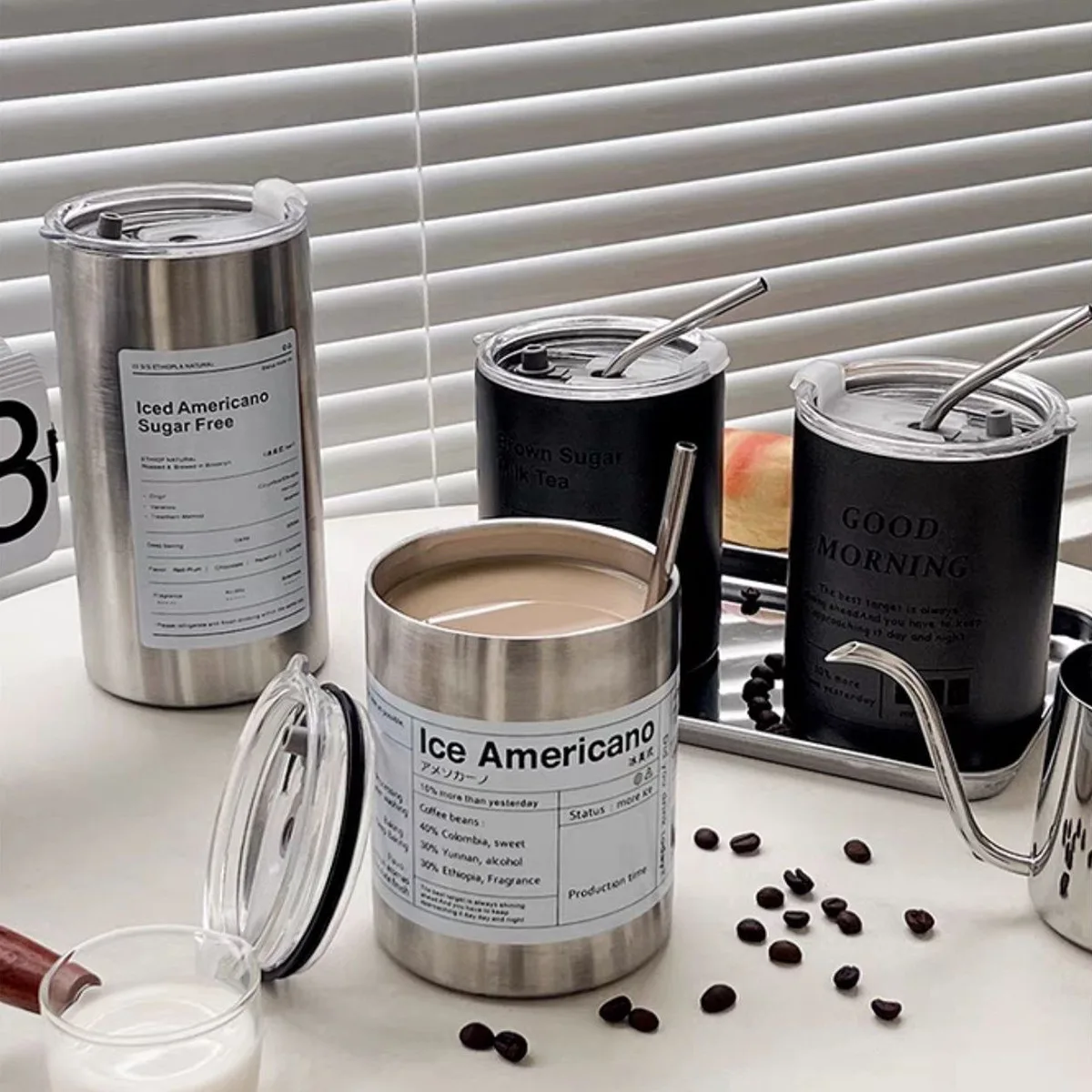 600ML Stainless Steel Coffee Cup Thermoses Double Wall Vacuum Flask Insulated Cup Portable Ice American Coffee Mug Water Bottle