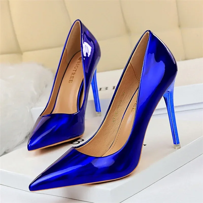 Plus Size Women Patent Leather 10.5cm High Heels Club Pumps Lady Luxury Shiny Stripper Stiletto Blue Green Wedding Dress Shoes