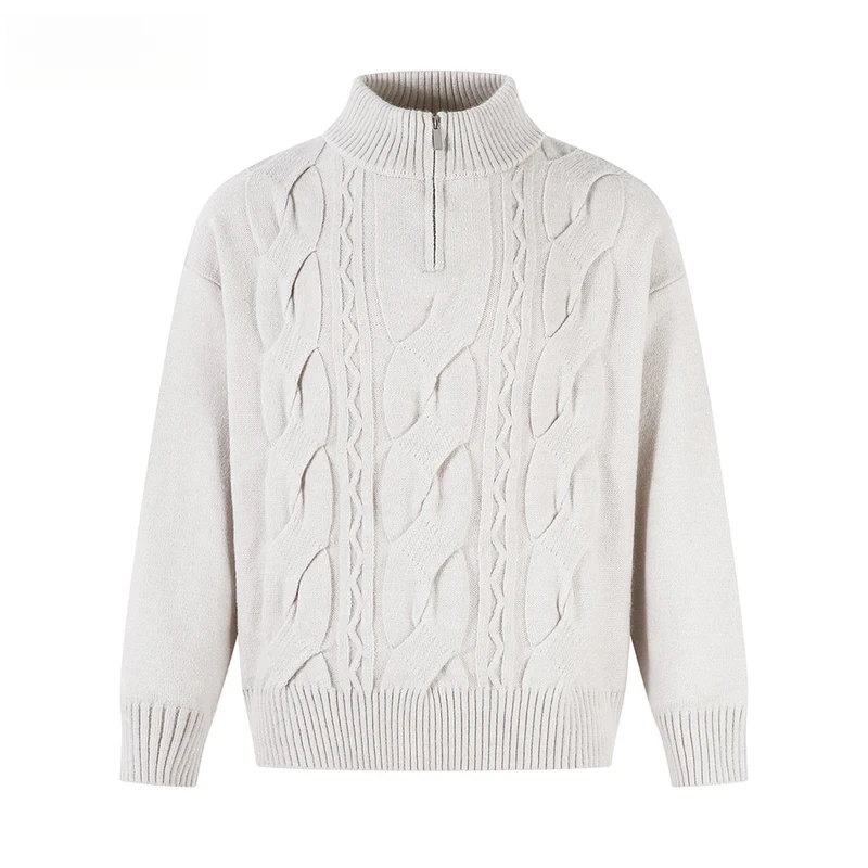 

Solid Color Jacquard Sweater Mens Autumn Winter Casual Loose Half Zipper Long Sleeve Sweater Man