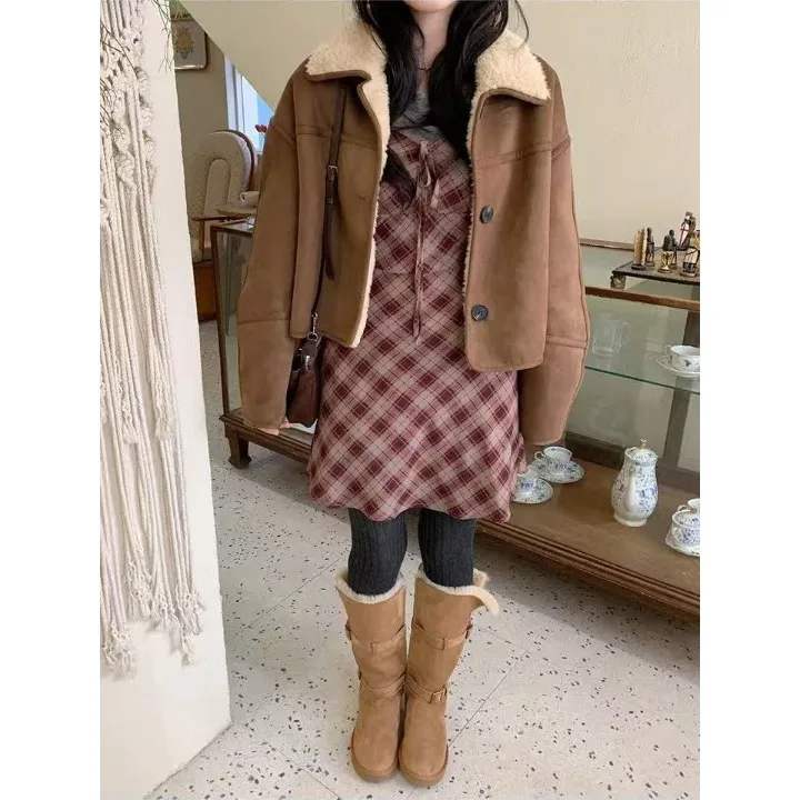 Winter Faionable Retro Nertsen ort Jas Dames Single Button Revers Bont en Leer Geïntegreerde Bovenkleding Koreaanse Sle Lente...