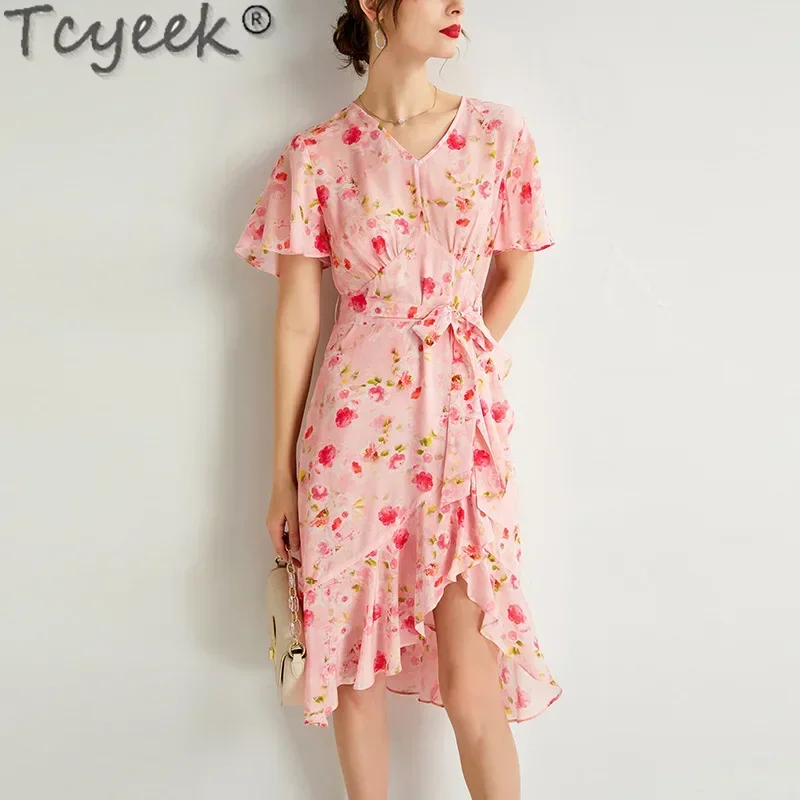 

Tcyeek 100% Mulberry Silk Dress Women Summer Clothes Elegant Women's Dresses Fashion Summer Dress Short Sleeve Платье Женское