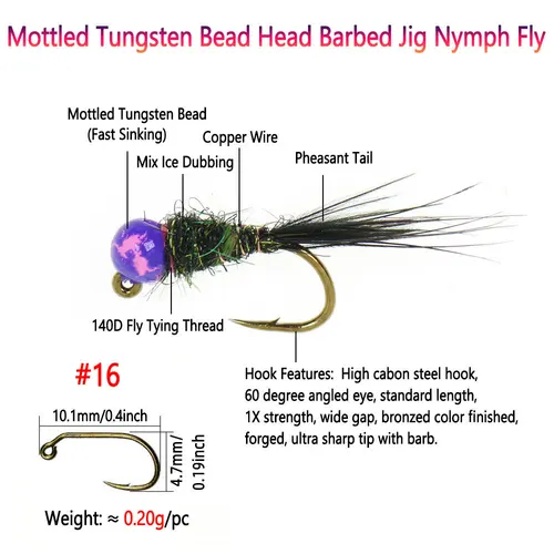 Imagen 2 del producto Bimoo 5/6PCS # 16 Jig moteado de hundimiento rápido, cabeza de cuentas, plantilla de púas, Ninfa, mosca, Euro, Perdigon húmedo, Ninfa Panfish, trucha, Señuelos de Pesca con mosca