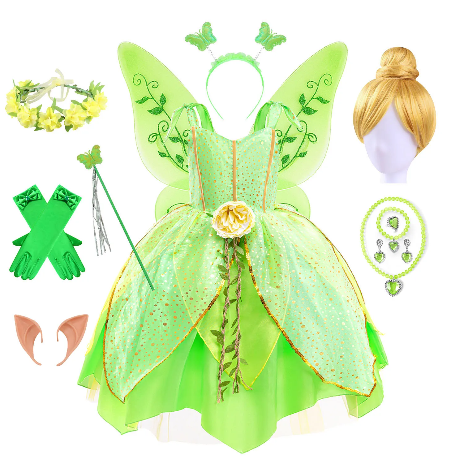 

Girls Tinker Bell Costume Kids Green Fairy Princess Tinkerbell Fancy Dress Birthday Party Halloween Cosplay Outfits Forest Party