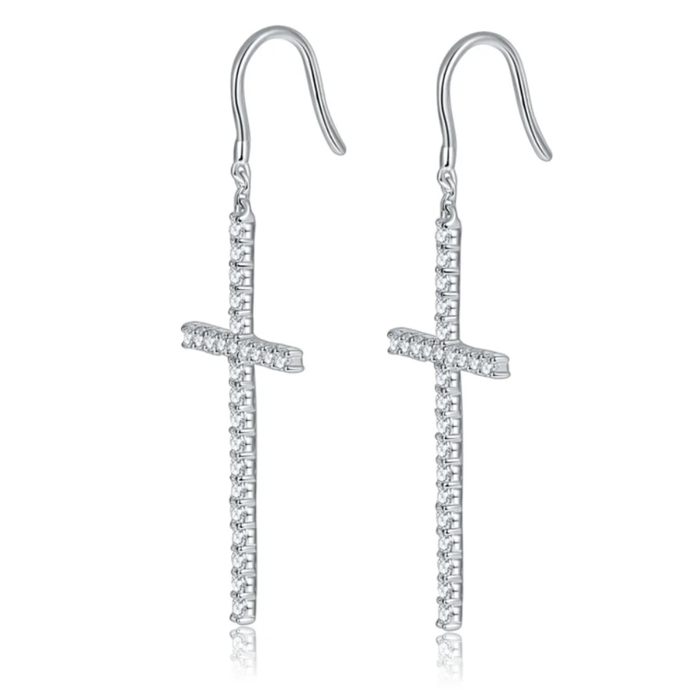 Pendientes de gota de Cruz de moissanita de 1,25 CT para hombre y mujer, aretes religiosos originales de Plata de Ley 925, pendientes colgantes de corte redondo, joyería