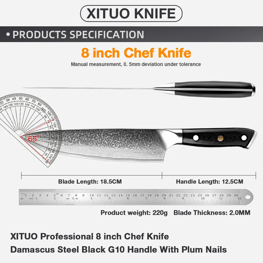 XITUO Chef Knife 8 inch Damascus Kitchen Knife 67-Layer Damascus VG10 Steel Black G10 Handle Razor Sharp Chef Cooking Knife