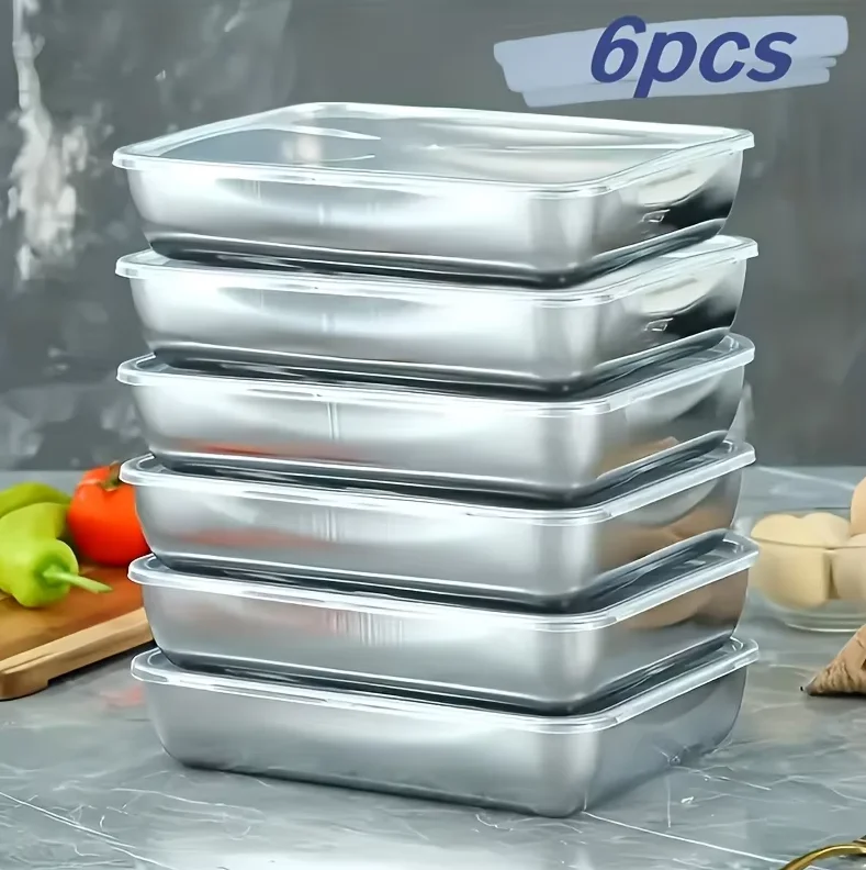Juego de 6 Recipientes de Acero Inoxidable para Almacenamiento de Alimentos, Gran Capacidad, Aptos para Verduras, Frutas, Carne Fresca y Diversos Alimentos