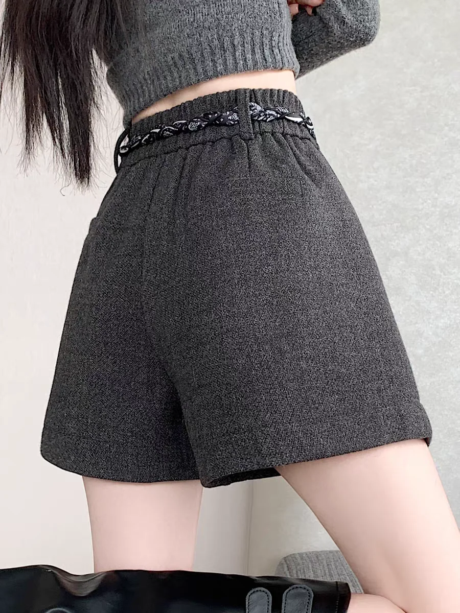 Outono inverno shorts cinza grosso cintura alta elástica a linha shorts de perna larga para mulheres pequenas, shorts de tweed de emagrecimento