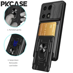 PKCASE 충격 방지 카드 슬롯 폰 케이스 레드미 노트 14 프로 플러스용 자석 차량 링 홀더 푸시 윈도우 커버