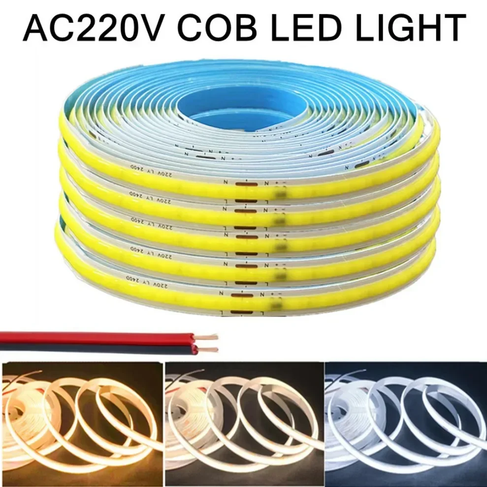 220V COB LED Strip Light Flexible Tape Lights Smart IC No Need Driver High Bright 240 LEDs Linear Lighting RA95 Warm White 1-5m