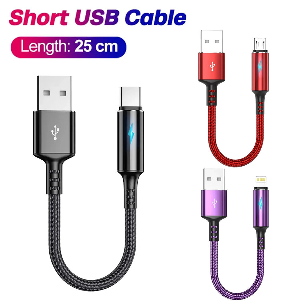 

0.25m Short Type-C USB Charger Cable Data Cord for Micro IOS iPhone 13 12 Huawei Samsung Fast Charging Power Bank Data Cable