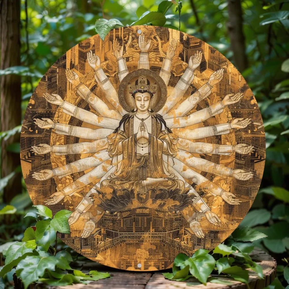 Round Aluminum Wall Art, Thousand-Armed Avalokitesvara Bodhisattva, Classic Tibetan Buddhist Thangka, Compassion Decor for Home