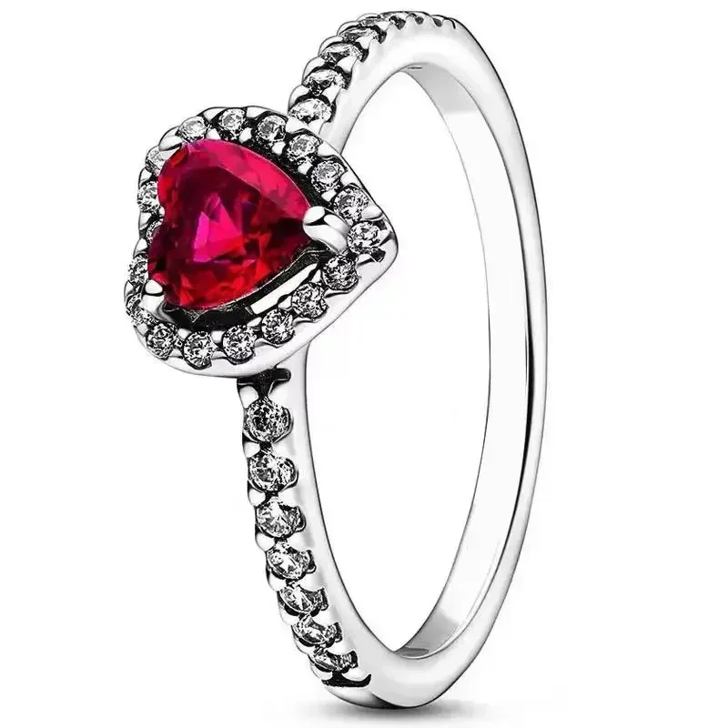 Anillo clásico de Plata de Ley 925 con corazón rojo brillante, circonita, ajuste encantador, regalo de compromiso DIY, joyería exquisita