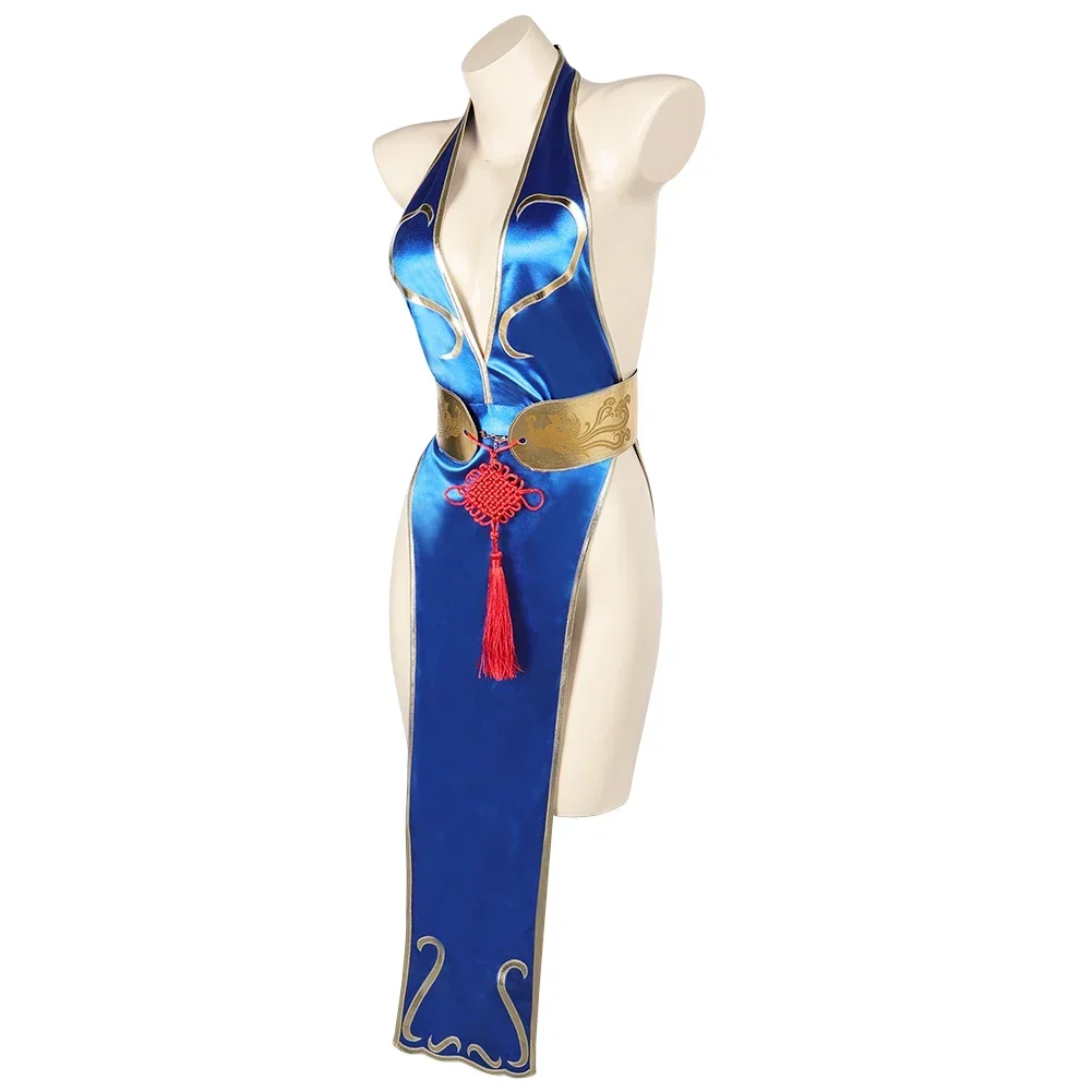 Jogo sf 6 chun li cosplay sexy azul cheongsam traje adulto feminino fantasia role play macacão halloween carnaval disfarce terno