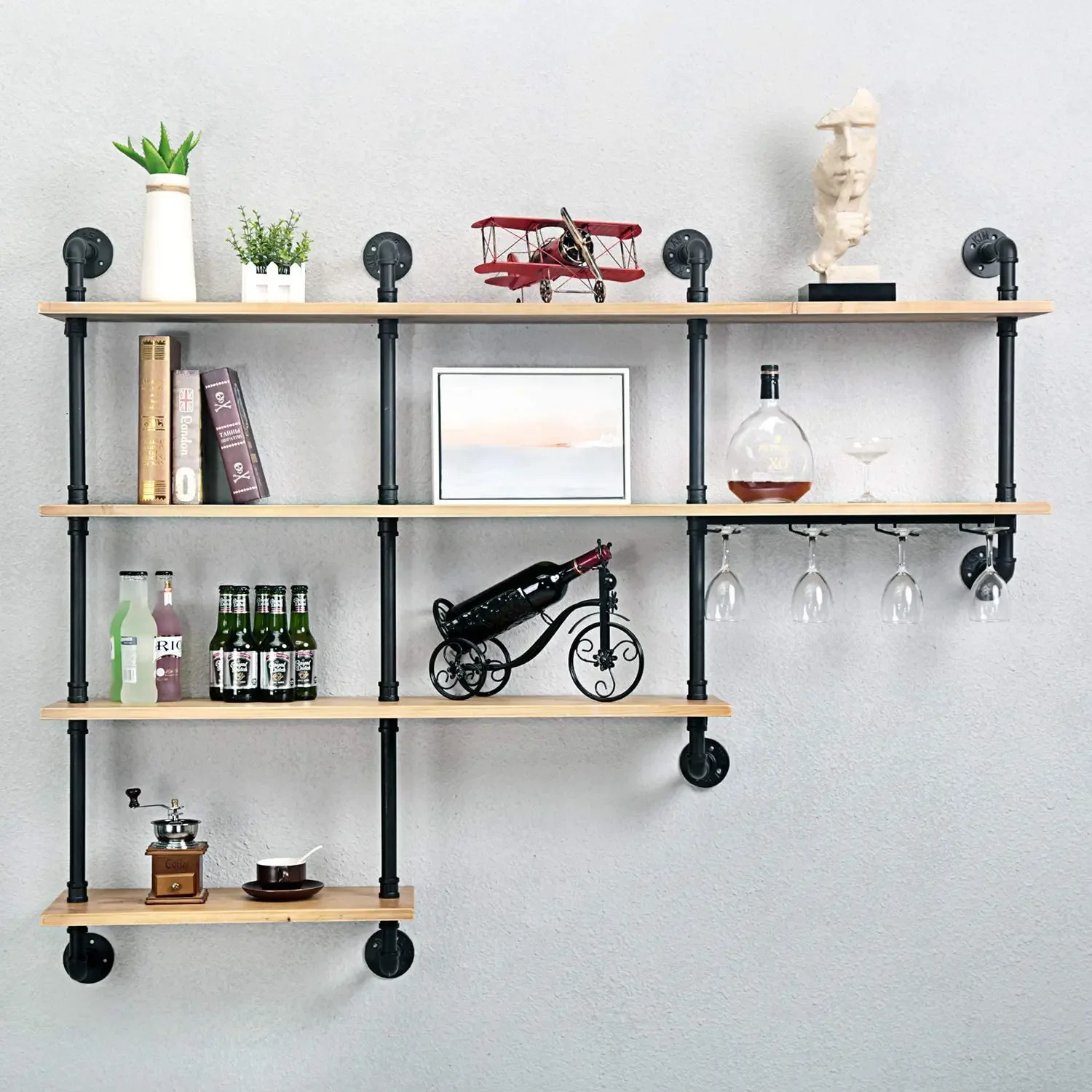 Ch Industrial Pipe Shelving,Rustic Wooden&Metal Floating Shelves,Decor Shelves Wall Mount with Wine Rack