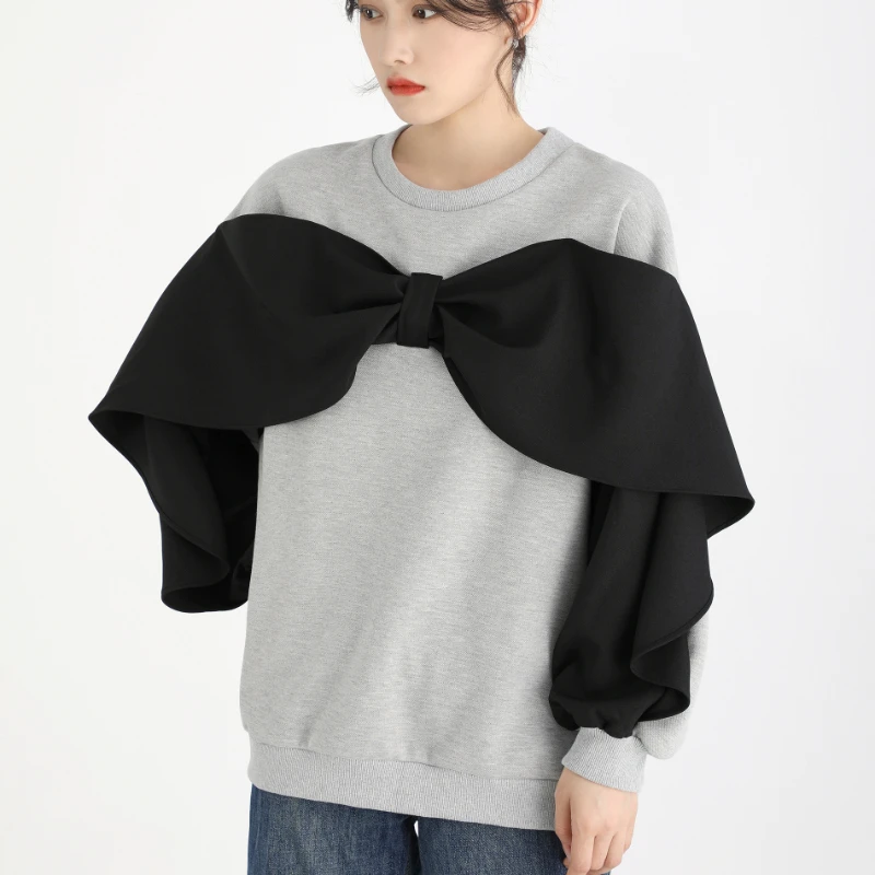 O-neck Sweatshirt Women Fake Two Piece Patchwork Bow Sweet Ruffles Korean-style Design Office Ladies All-match Loose Trendy Cozy