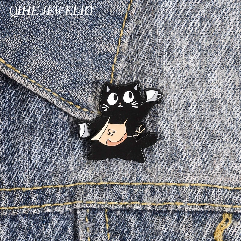 Barista Black Cat Cartoon Enamel Pin Funny Coffee Apron Uniform Cat & Coffee Cup Brooch Bag Lapel Badge Jewelry Gift for Friends
