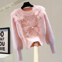 2024 Sweet Autumn/Winter Three Dimensional Knitted Long Sleeve Flower Sweater Premium Knitted Sweater Loose New Top