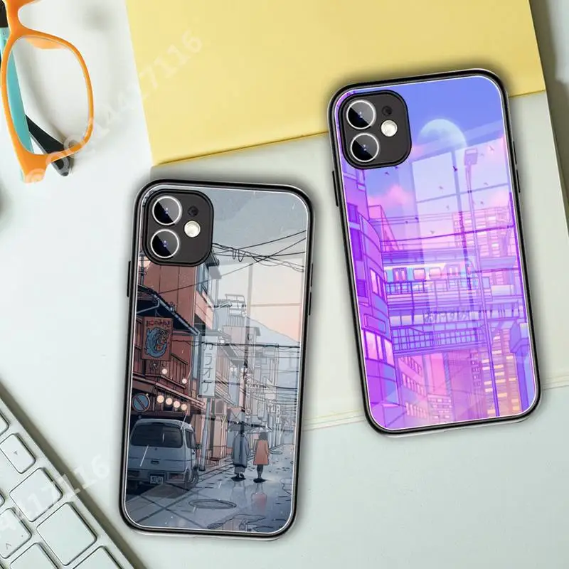 Riccu Japanese Anime Hand Painted House scenery Phone Case Glass For iPhone 13 11 Pro XR XS MAX 8 X 7 Plus 12 Mini  covers