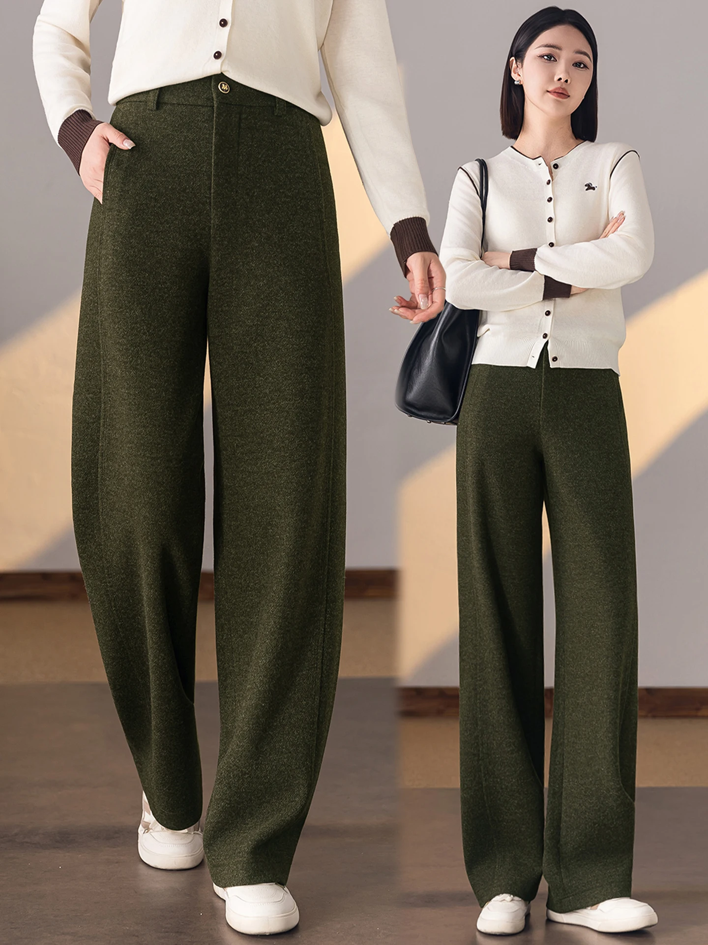 

Мягкие шерстяные брюки прямого кроя для женщин, осенне-зимние, с высокой талией, струящиеся, на флисе, повседневные, широкие, фасона «рисовая лапша»