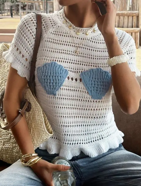 เสื้อยืดผู้หญิง ฤดูร้อน สไตล์สาวเปรี้ยวแบบยุโรปและอเมริกา เซ็กซี่  ชายหาด สีสันตัดกัน  ถักแบบโปร่ง  แขนสั้น