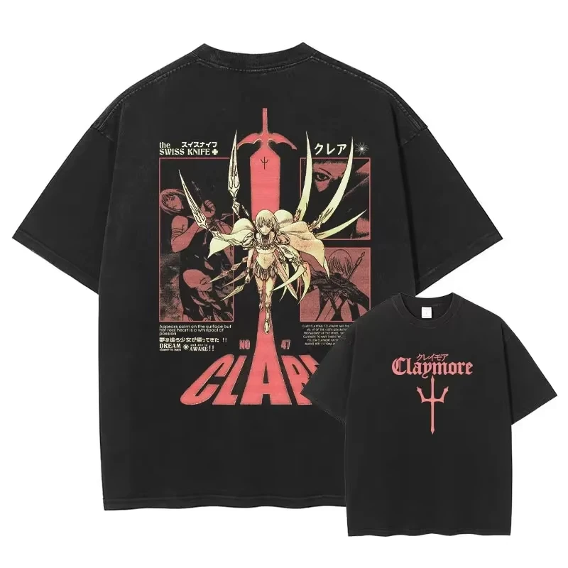 2026 Claymore Teresa Winged Sword Panel Double Sided Print T-shirt Black Washed Oversized Cotton Casual Streetwear Hot Sale