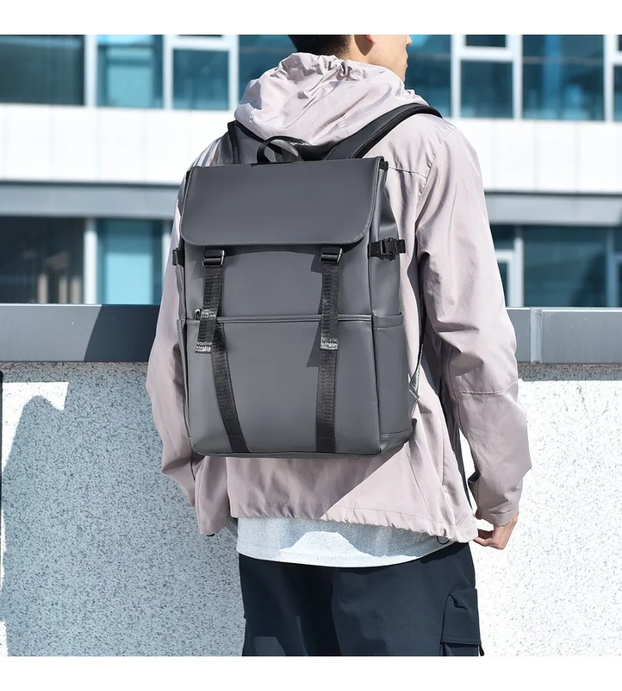 Trendy black and gray roll-top laptop backpack anti-splash wear-resistant casual schoolbag for young people
