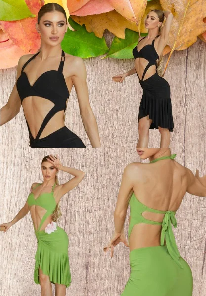 

Sexy ZYM Latin Dance Dress Women Rumba Tango Dance Clothes Adult Club Latin Practice Wear Green Black Halter Neck Dress