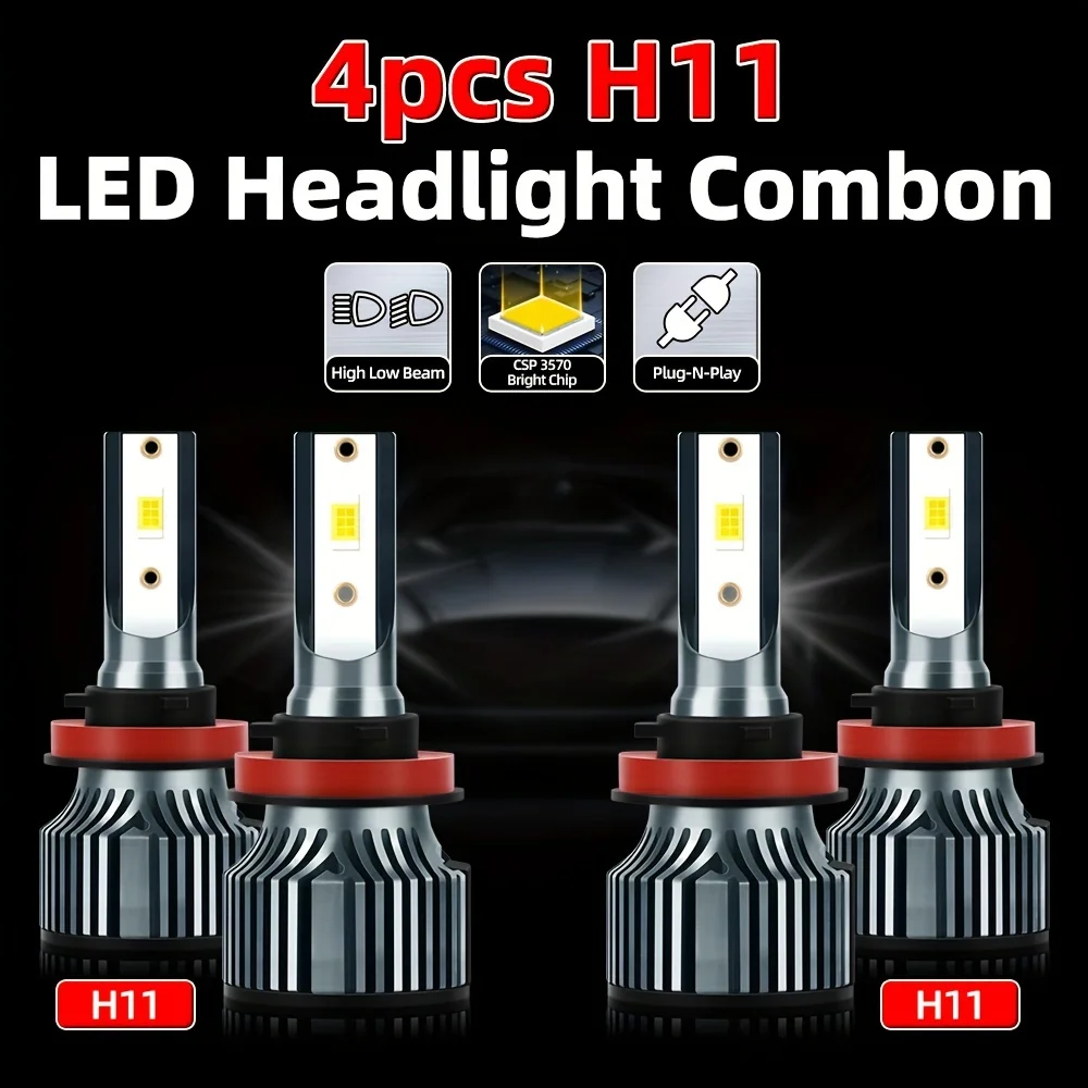 roadsun 4pcs H11 Led Headlight Combo, High Low Beam, High Lumen, 3570 CSP Bright Chip Ultra-white 6500K Plug-N-Play, Canbus