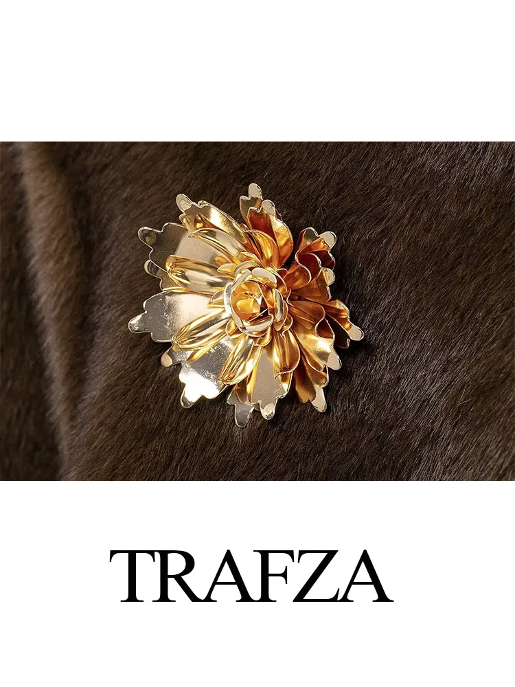 Trafza-花のブローチが付いた女性用シングルブレストコート、ブラウン、Oネック、長袖、カジュアル、ウォーム、デコレーション、女性のファッション、冬