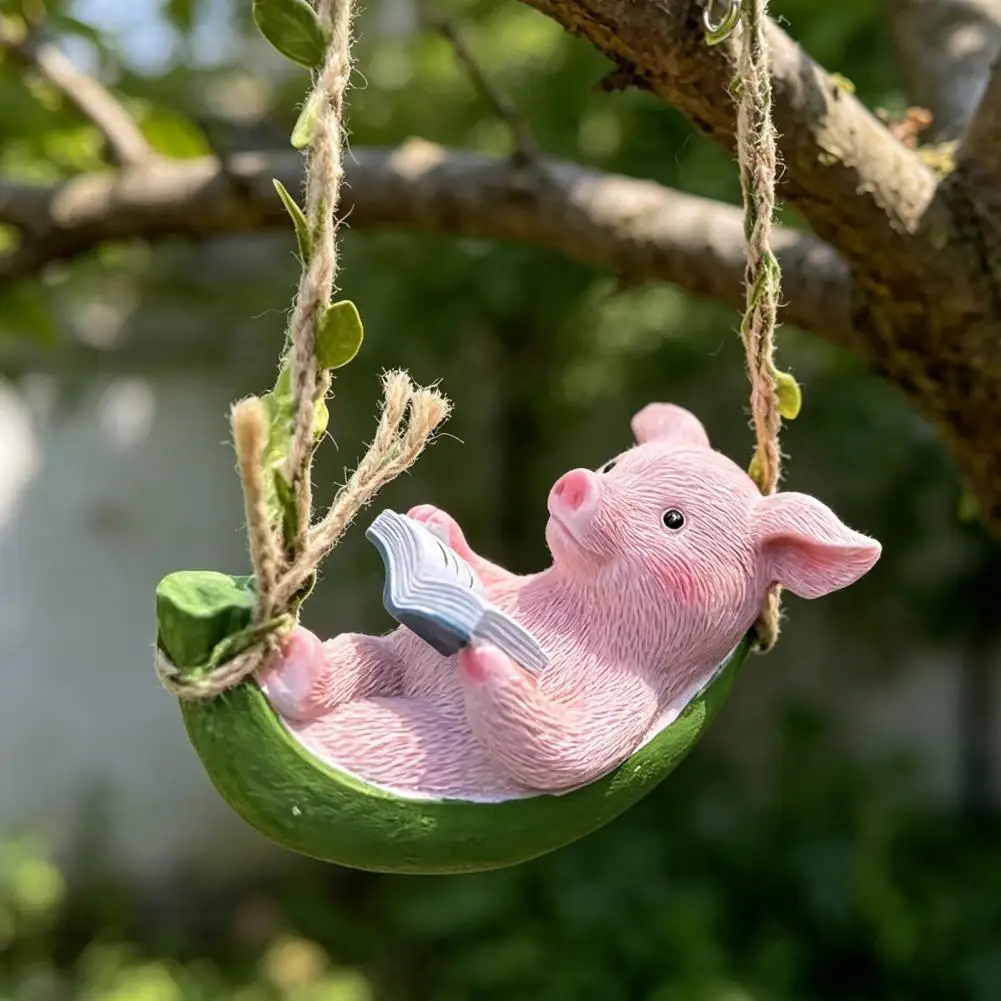 Hanging Book Reading Pig Hanging Pig Decoration Hanging Resin Pig Figurine Ornament Cute Piggy Lying Hammock for Indoor