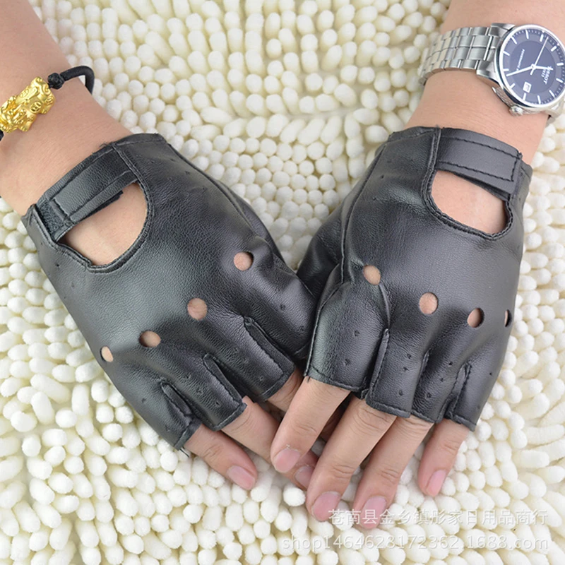 Guantes de cuero negro sin dedos para hombres y mujeres, guantes de medio dedo para conducir, moda, nuevo