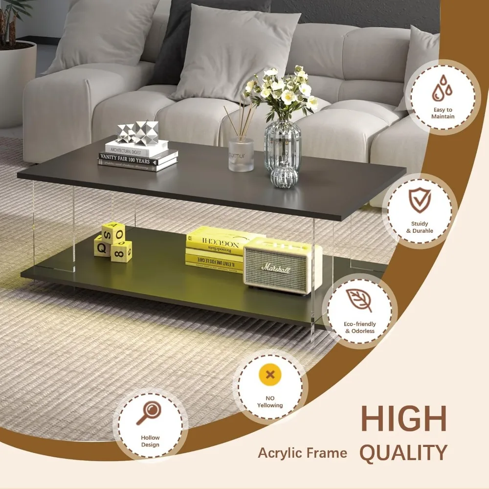 43" Acrylic Coffee Table with Black Wood Top, Minimalist Stylish Modern Rectangular Center Tables for Living Room, Led Living Ro