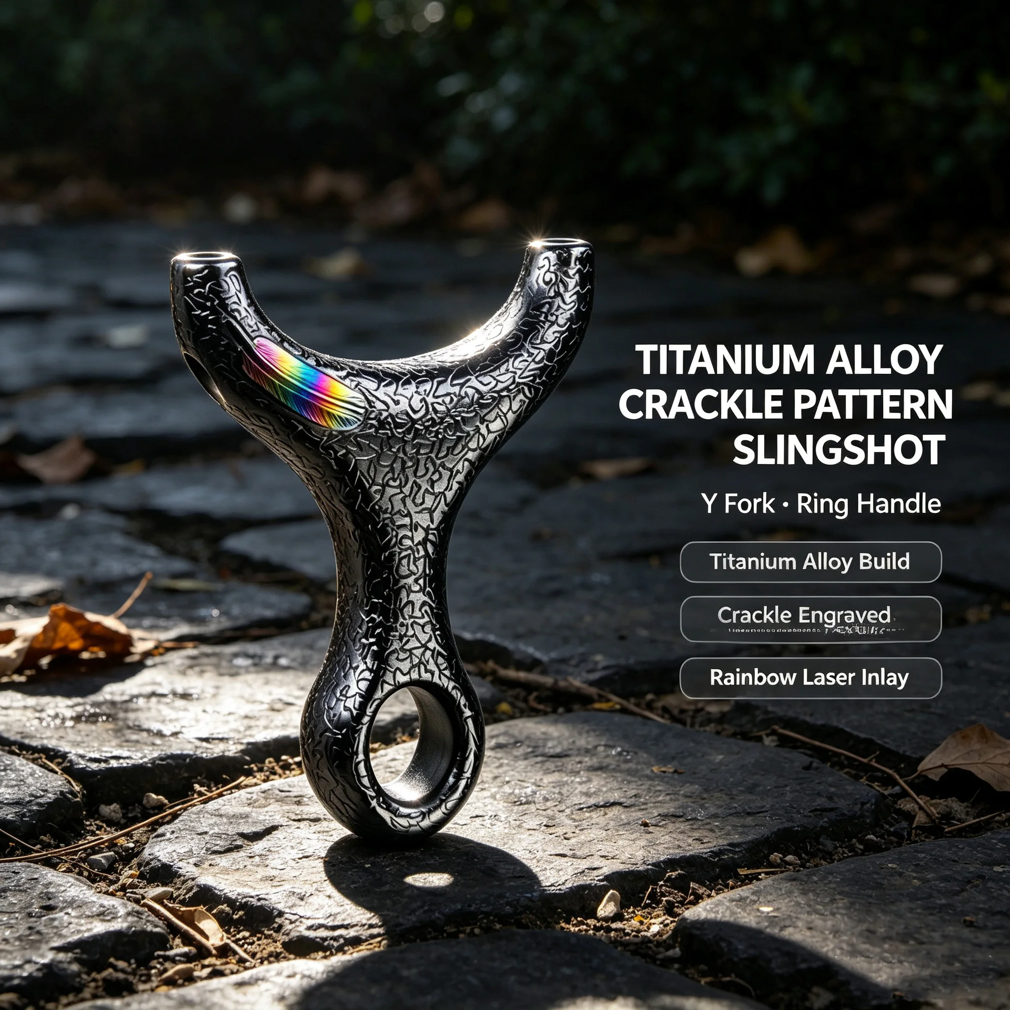 Titanium Alloy Y-Shaped Slingshot with Hammered Texture, Round Fork, Finger Ring & Iridescent Graphic